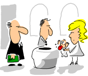 Karikatur: Baby bei der Taufe